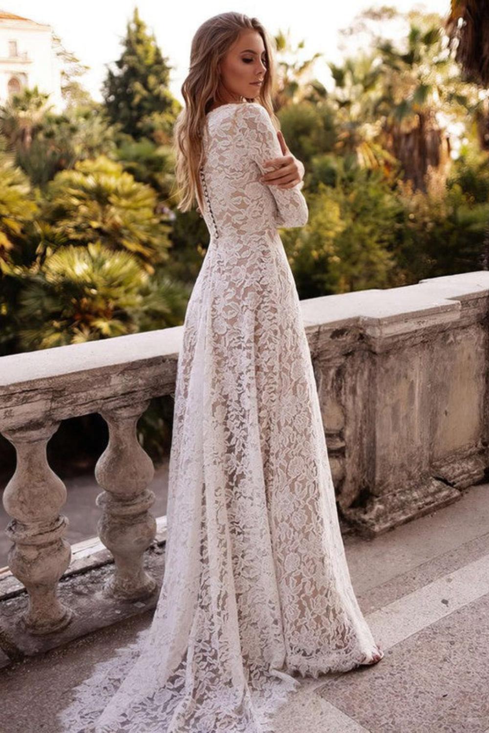 A-line Scoop Neck Lace Sweep Train Wedding Dresses-27dress