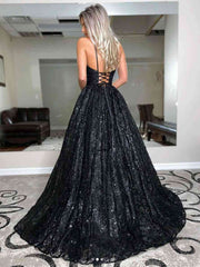 A-Line Spaghetti Straps Black Sequin Long Prom Dress