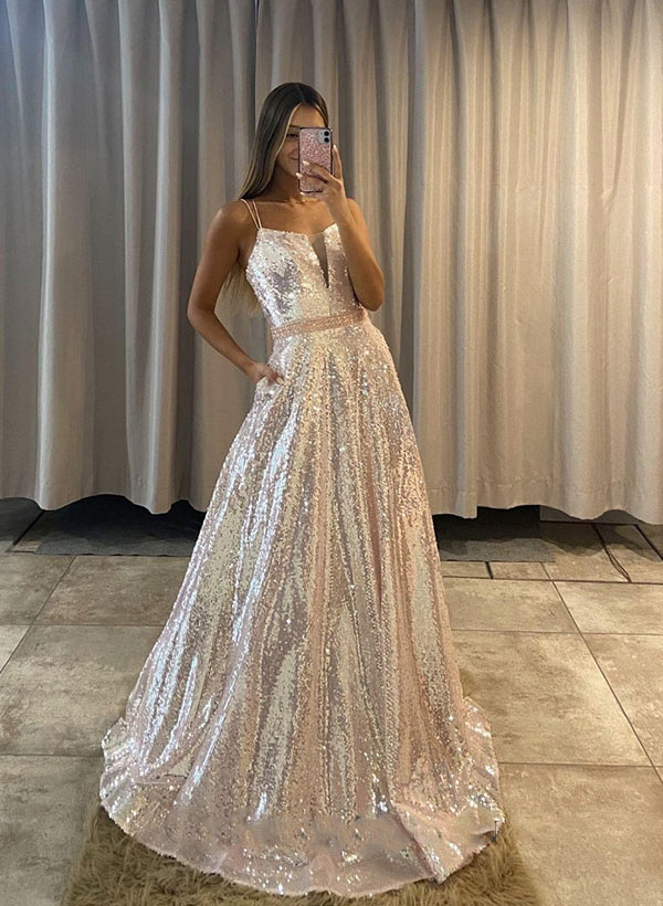 A-Line Spaghetti Straps Sequined Long Prom Dress-27dress