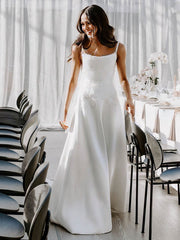 A-line Square Neckline Satin Court Train Wedding Dresses with Beading