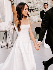 A-line Square Neckline Satin Court Train Wedding Dresses with Beading
