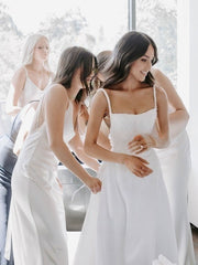 A-line Square Neckline Satin Court Train Wedding Dresses with Beading