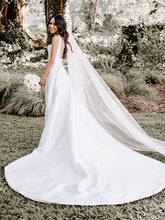 A-line Square Neckline Satin Court Train Wedding Dresses with Beading