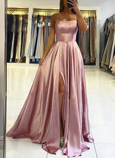 A-line Square Neckline Satin Prom Dress With Pleated Split Front-27dress