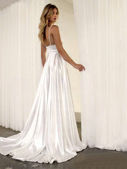 A-line Square Neckline Silk-like Satin Sweep Train Wedding Dress With Split Front