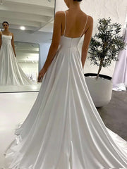 A-line Square Neckline Silk-like Satin Sweep Train Wedding Dress With Split Front
