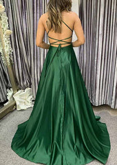 A-line Square Neckline Spaghetti Straps Sweep Train Charmeuse Prom Dress-27dress