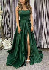A-line Square Neckline Spaghetti Straps Sweep Train Charmeuse Prom Dress-27dress