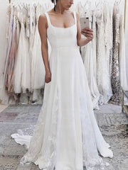 A-line Square Neckline Stretch Crepe Wedding Dress with Lace Sweep Train