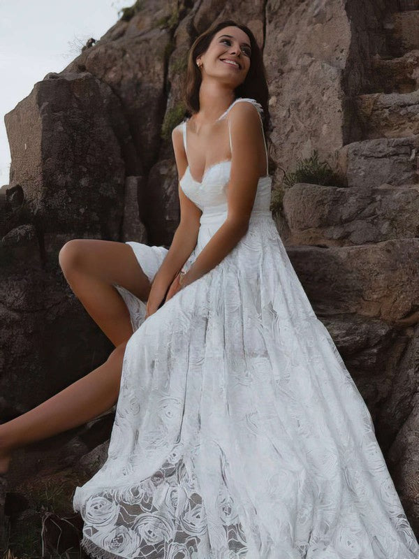 A-line Sweetheart Lace Sweep Train Wedding Dress with Split Front