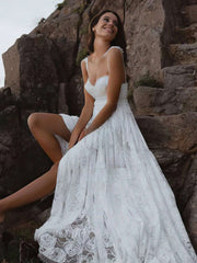A-line Sweetheart Lace Sweep Train Wedding Dress with Split Front
