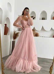 A-Line Sweetheart Long Sleeves Prom Dress with Sweep Train Tulle-27dress
