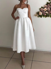A-line Sweetheart Silk-like Satin Tea-length Wedding Dresses