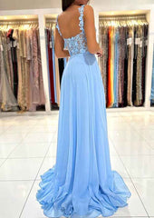 A-line Sweetheart Sleeveless Chiffon Prom Dress With Appliqued Split and Sweep Train-27dress