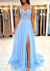 A-line Sweetheart Sleeveless Chiffon Prom Dress With Appliqued Split and Sweep Train-27dress