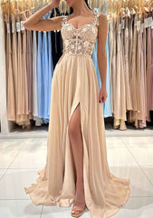 A-line Sweetheart Sleeveless Chiffon Prom Dress With Appliqued Split and Sweep Train-27dress