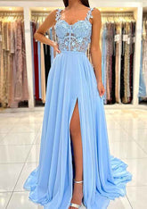 A-line Sweetheart Sleeveless Chiffon Prom Dress With Appliqued Split and Sweep Train-27dress