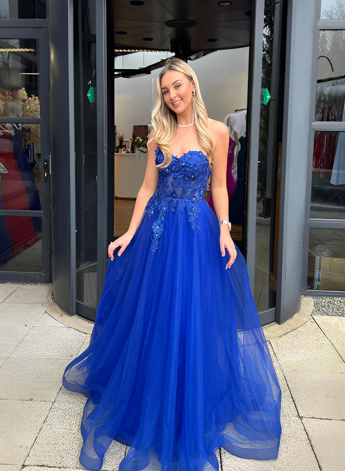 Blue A-Line Sweetheart Sleeveless Tulle Long Prom Dresses with Appliqu 27dress Blue A-Line Sweetheart Sleeveless Tulle Long Prom Dresses with Appliqu 27dress