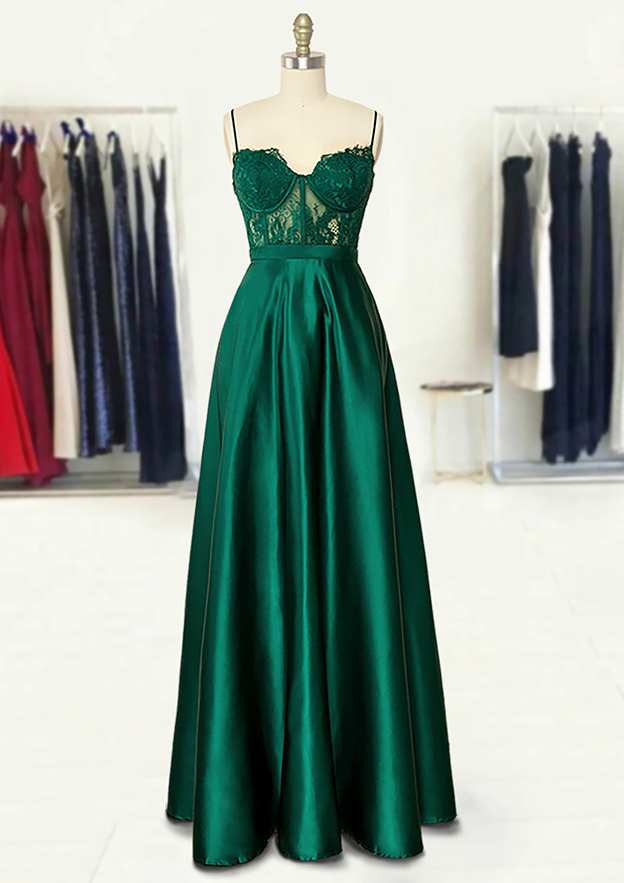 A-line Sweetheart Spaghetti Straps Long/Floor-Length Satin Prom Dress With Appliqued Pockets-27dress