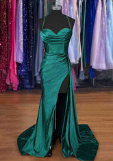 A-line Sweetheart Spaghetti Straps Prom Dress in Silk-like Satin with Sweep Train and Ruched Detailing-27dress