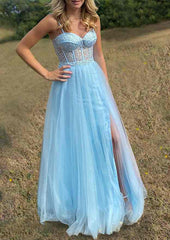 A-Line Sweetheart Spaghetti Straps Tulle Prom Dress with Split Appliqu¡§|-27dress