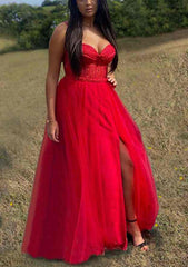 A-Line Sweetheart Spaghetti Straps Tulle Prom Dress with Split Appliqu¡§|-27dress