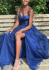 A-Line Sweetheart Spaghetti Straps Tulle Prom Dress with Split Appliqu¡§|-27dress