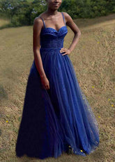A-Line Sweetheart Spaghetti Straps Tulle Prom Dress with Split Appliqu¡§|-27dress
