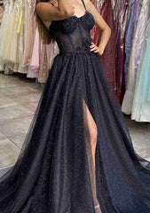 A-line Sweetheart Straps Glitter Prom Dress With Appliqued-27dress