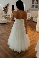 A-line Sweetheart Tea-length Wedding Dresses with Lace Appliques-27dress