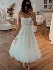A-line Sweetheart Tea-length Wedding Dresses with Lace Appliques-27dress