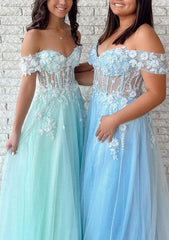 A-Line Tulle Prom Dress with Lace Appliqu¡§| - Off-the-Shoulder Long/Floor-Length-27dress