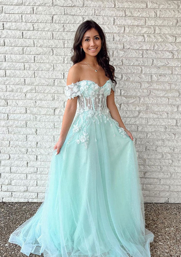 A-Line Tulle Prom Dress with Lace Appliqu¡§| - Off-the-Shoulder Long/Floor-Length-27dress