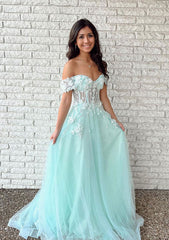 A-Line Tulle Prom Dress with Lace Appliqu¡§| - Off-the-Shoulder Long/Floor-Length-27dress