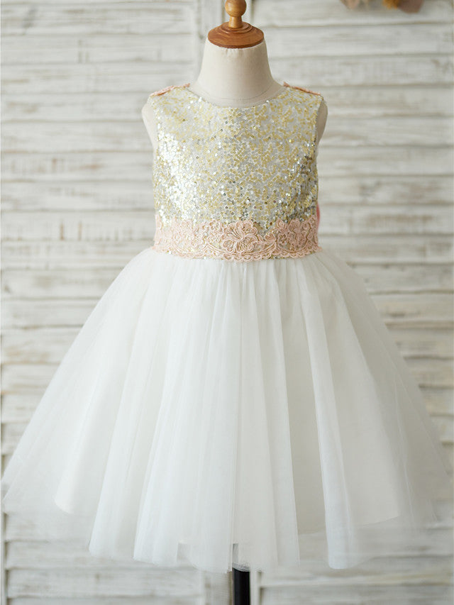 A-Line Tulle Sequined Sleeveless Jewel Neck Wedding Birthday Pageant Flower Girl Dresses-27dress