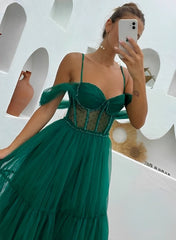 A-Line Tulle Spaghetti Straps Long Prom Dress-27dress