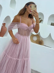 A-Line Tulle Spaghetti Straps Long Prom Dress-27dress