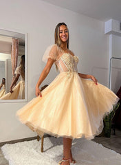 A-Line Tulle Tea Length Prom Dress With Appliques Lace-27dress