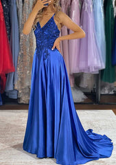 A-line V Neck Charmeuse Prom Dress with Beading Sequins and Split-27dress