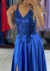 A-line V Neck Charmeuse Prom Dress with Beading Sequins and Split-27dress