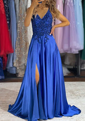 A-line V Neck Charmeuse Prom Dress with Beading Sequins and Split-27dress