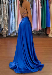 A-line V Neck Charmeuse Prom Dress with Split and Sweep Train-27dress