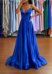 A-line V Neck Charmeuse Prom Dress with Split and Sweep Train-27dress