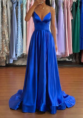 A-line V Neck Charmeuse Prom Dress with Split and Sweep Train-27dress