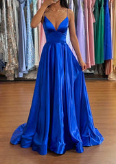 A-line V Neck Charmeuse Prom Dress with Split and Sweep Train-27dress