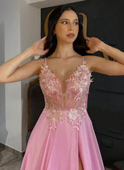 A-line V-Neck Chiffon Long Prom Dress with Appliques Lace-27dress