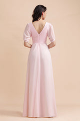 A-Line V-Neck Chiffon Ruffles Bridesmaid Dress with Short Sleeves-27dress
