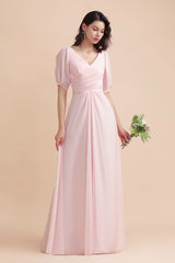 A-Line V-Neck Chiffon Ruffles Bridesmaid Dress with Short Sleeves-27dress