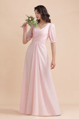 A-Line V-Neck Chiffon Ruffles Bridesmaid Dress with Short Sleeves-27dress