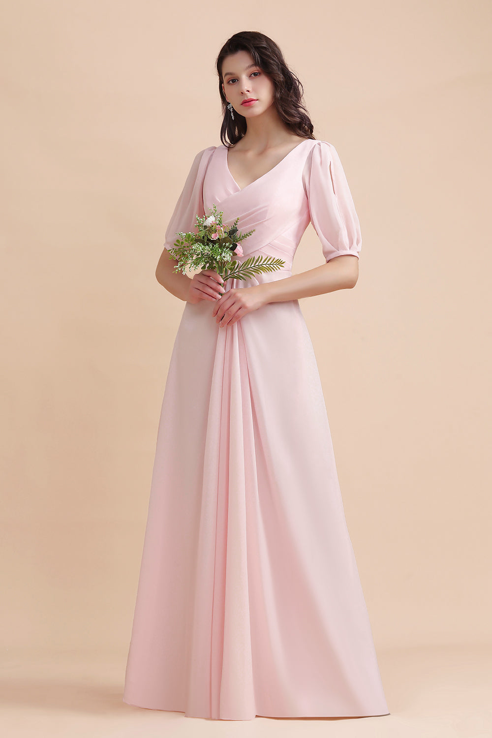 A-Line V-Neck Chiffon Ruffles Bridesmaid Dress with Short Sleeves-27dress